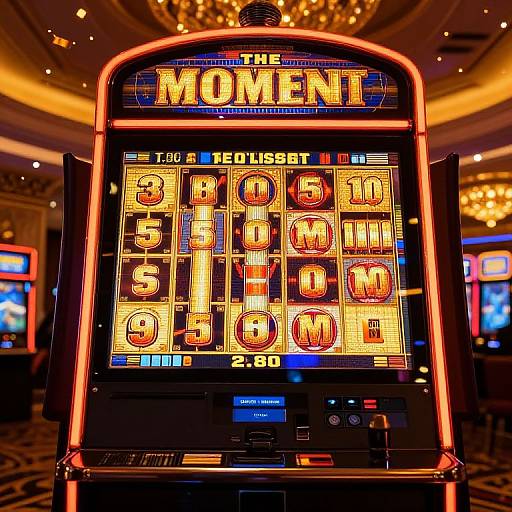 Photograph of a brightly lit, illuminated slot machine with 