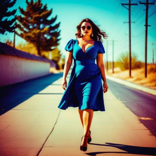Photograph of a confident brunette woman in a red and green belted dress, walking down a sunlit autumn street with parked cars and illuminated storefronts