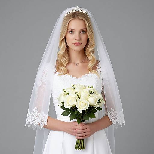 Photograph of a blonde bride with wavy hair, wearing a white lace wedding dress and veil, holding a bouquet of white roses, against a plain