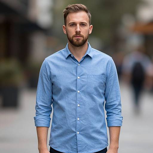 Photograph of a bearded Caucasian man with short brown hair, wearing a light blue button-up shirt, standing in a blurred urban street.