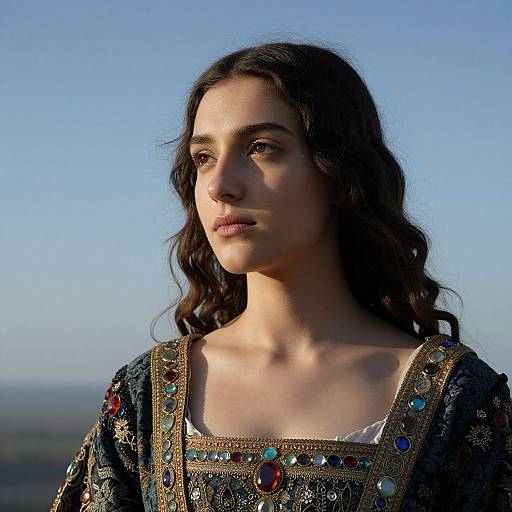 Photograph of a young woman with long dark hair, wearing an ornate, embroidered, blue medieval-style dress, against a clear blue sky.