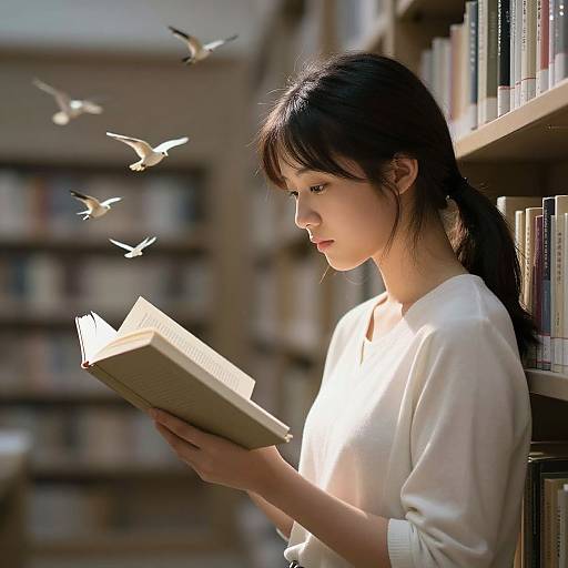 Photograph of an Asian woman with long black hair, wearing a white blouse, reading a book in a sunlit library, with three birds flying in