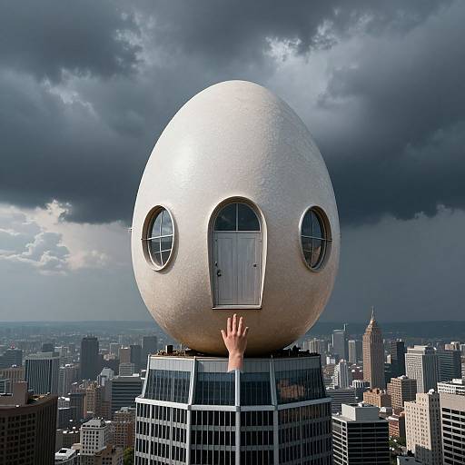 Photorealistic CGI of a giant white, egg-shaped building with circular windows and a door, supported by skyscrapers, with a hand emerging from