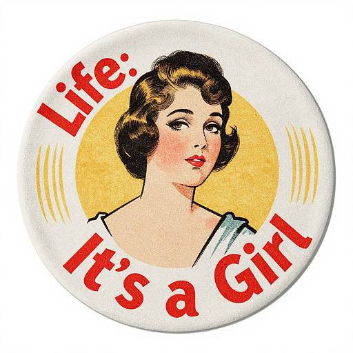 Vintage-style illustration of a fair-skinned woman with short, wavy brown hair, red lipstick, and a white dress, surrounded by a circular yellow