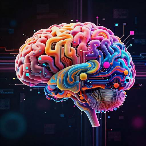 Digital art of a colorful, neon-lit human brain with swirling, multicolored patterns and circuit lines against a dark, tech-themed background.