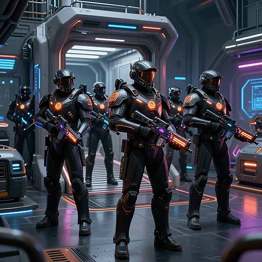Cyberpunk sci-fi scene: Five armored soldiers with glowing orange accents and futuristic guns marching in a neon-lit, high-tech corridor.