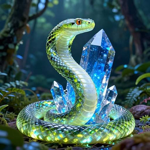 Photorealistic CGI of a glowing green snake coiled around vibrant blue crystals in a mystical forest, with luminescent yellow spots and red eyes.