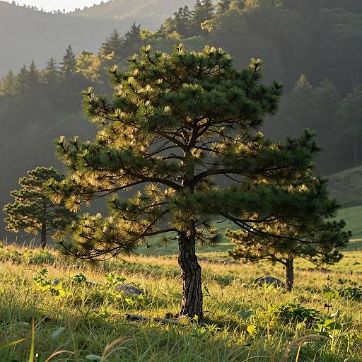 Serene Sunlit Meadow with Ancient Pine Tree