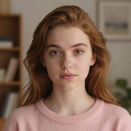 Photograph of a young woman with fair skin, long brown hair, and green eyes, wearing a pink sweater, in a softly lit, blurred indoor