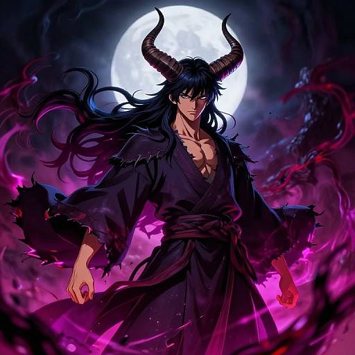 Digital anime artwork of a muscular male demon with black horns, long black hair, black tattered robe, glowing pink aura, and full moon in dark