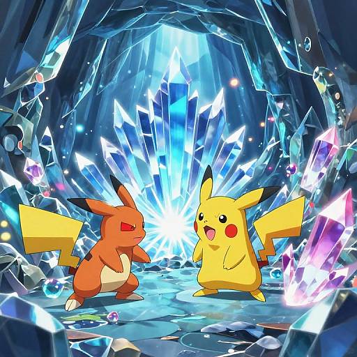 Digital illustration of Pikachu and Charmander facing each other in a glowing, crystalline cave with radiant blue and purple ice crystals.