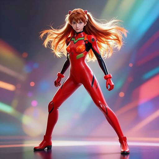 Digital artwork of Asuka Langley Soryu from Evangelion, standing confidently in a red, form-fitting plugsuit with long orange hair,