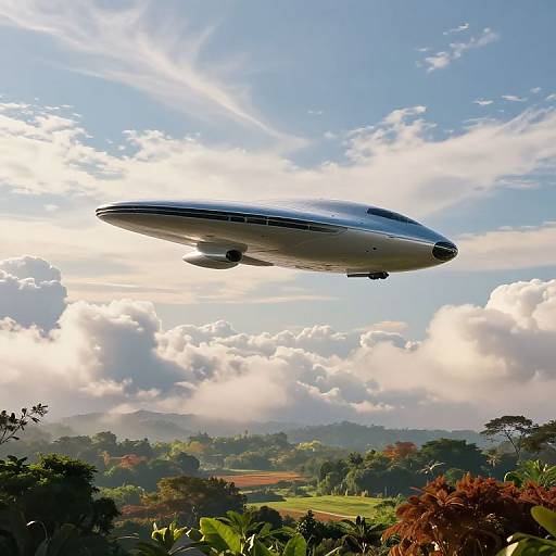 Photograph of a sleek, silver, flying saucer-like aircraft soaring above a lush, green, hilly landscape with scattered clouds and bright sunlight.