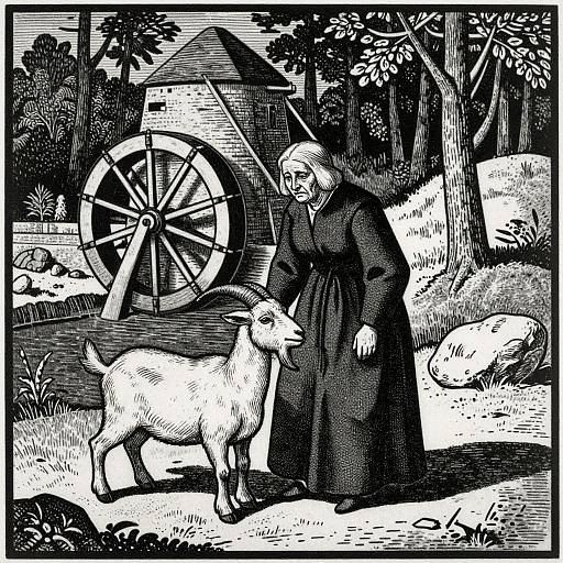 Black-and-white woodcut-style illustration of a nun in a long robe, standing beside a goat, near a windmill in a forest.