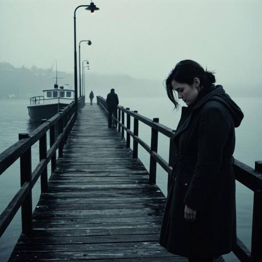 Grieving Woman on Misty Waterfront Pier