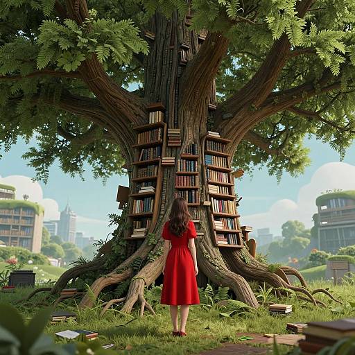 Digitally illustrated scene: A woman in a red dress stands before a giant tree with book-filled shelves, surrounded by greenery and city buildings in the