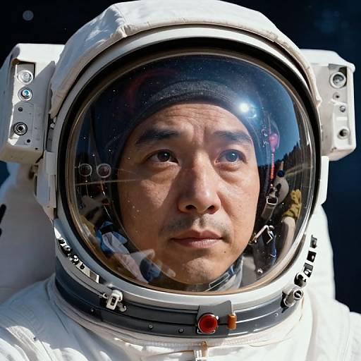 Photograph of an Asian man with medium skin tone wearing a white space suit and helmet, reflecting a dark space background.
