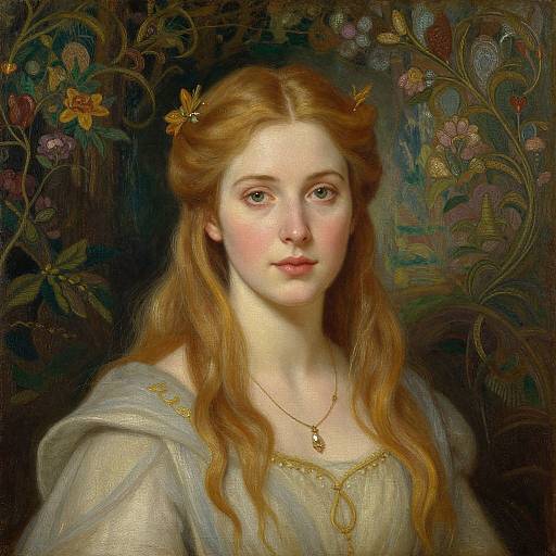 Digital painting of a young, fair-skinned woman with long, wavy red hair, wearing a light gray dress, adorned with flowers in the background