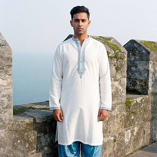 Photograph of a young Indian man with short black hair, wearing a white long-sleeve traditional kurta and blue jeans, standing against a moss