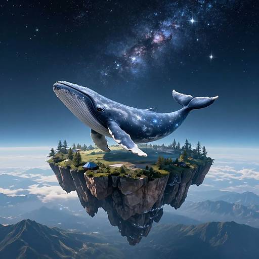 Digital artwork: massive blue whale with stars on its body floats above a floating island with trees and tents, under a starry sky. Mountains and clouds