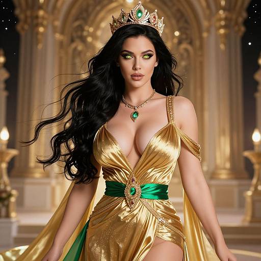 Digital artwork of a beautiful queen with long black hair, gold and green dress, green gemstone necklace, and crown, standing in a golden, ar