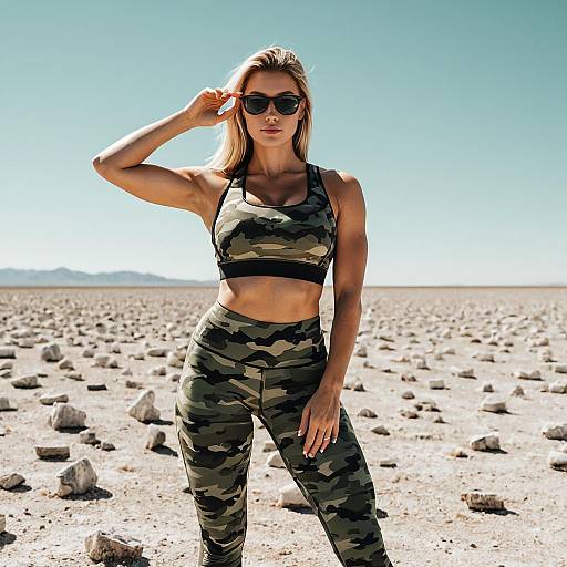 Fit Woman in Camouflage Sportswear in Desert