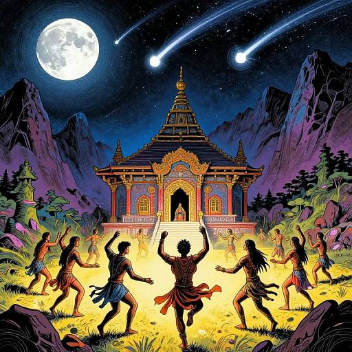 Vibrant digital illustration of tribal dancers under a full moon, with shooting stars, in front of a traditional temple surrounded by mountains and foliage.