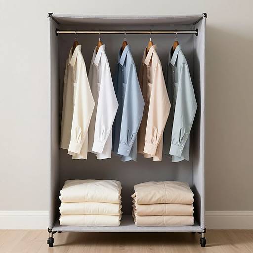 Photograph of a gray metal clothing rack holding six hung dress shirts in white, light blue, and gray, with two stacked white shirt boxes below.