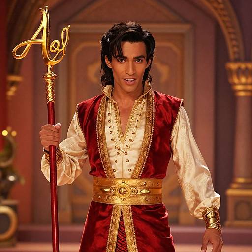 Photograph of a dark-haired man in a red velvet vest with gold trim, white shirt, and gold belt, holding a golden staff, standing in