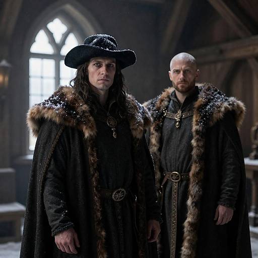 Medieval Men in Fur-Trimmed Cloaks Indoors
