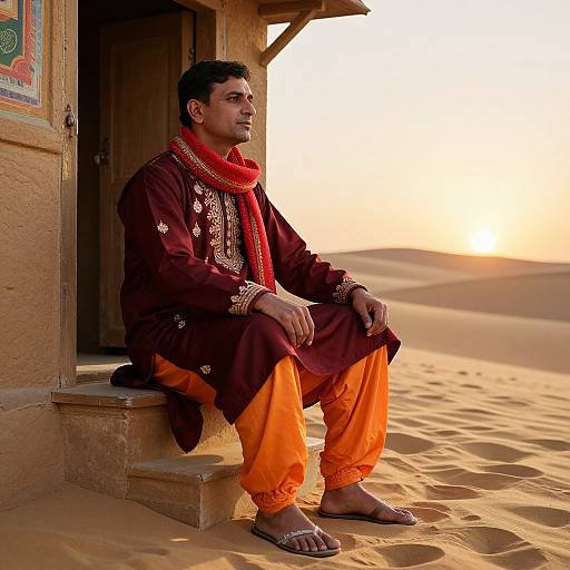 Photograph of a young South Asian man in traditional maroon and orange attire, sitting on a desert sandstone step at sunset, with a red scarf