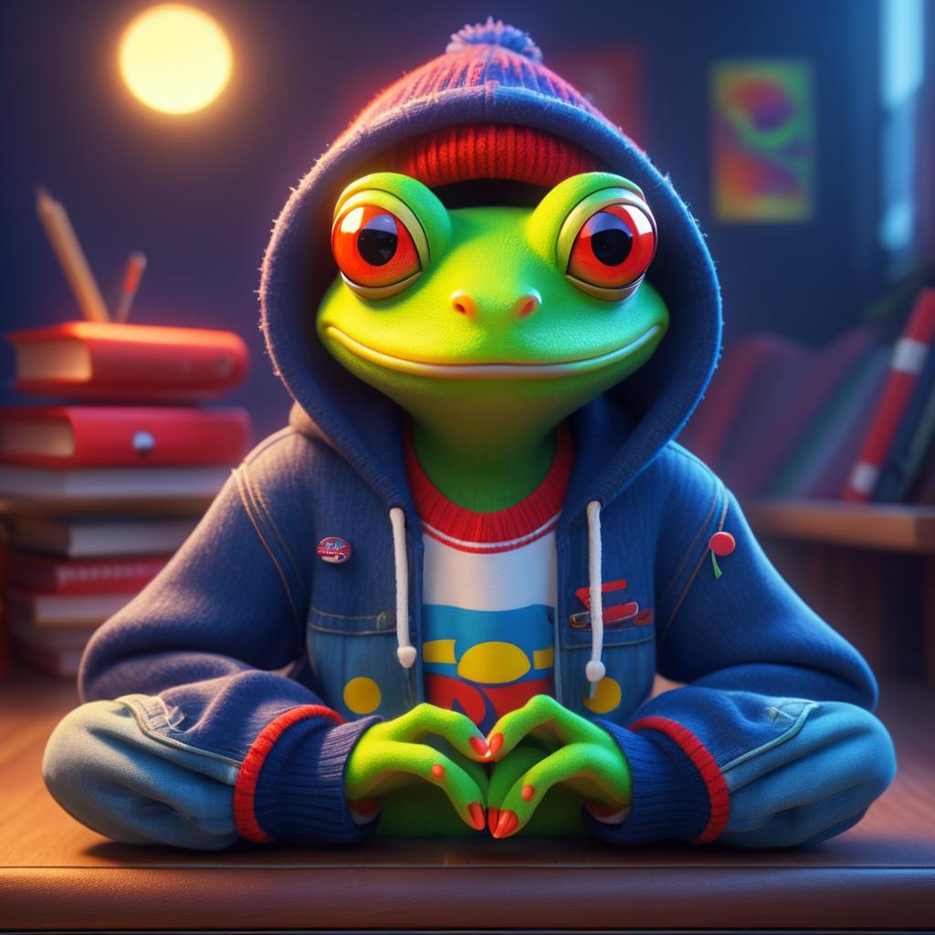 Whimsical Tree Frog Student in Pixar Style