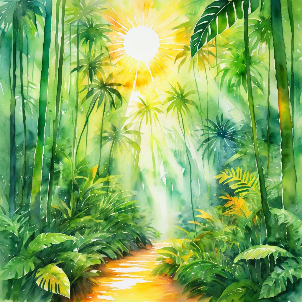 Vibrant Tropical Rainforest Watercolor Scene