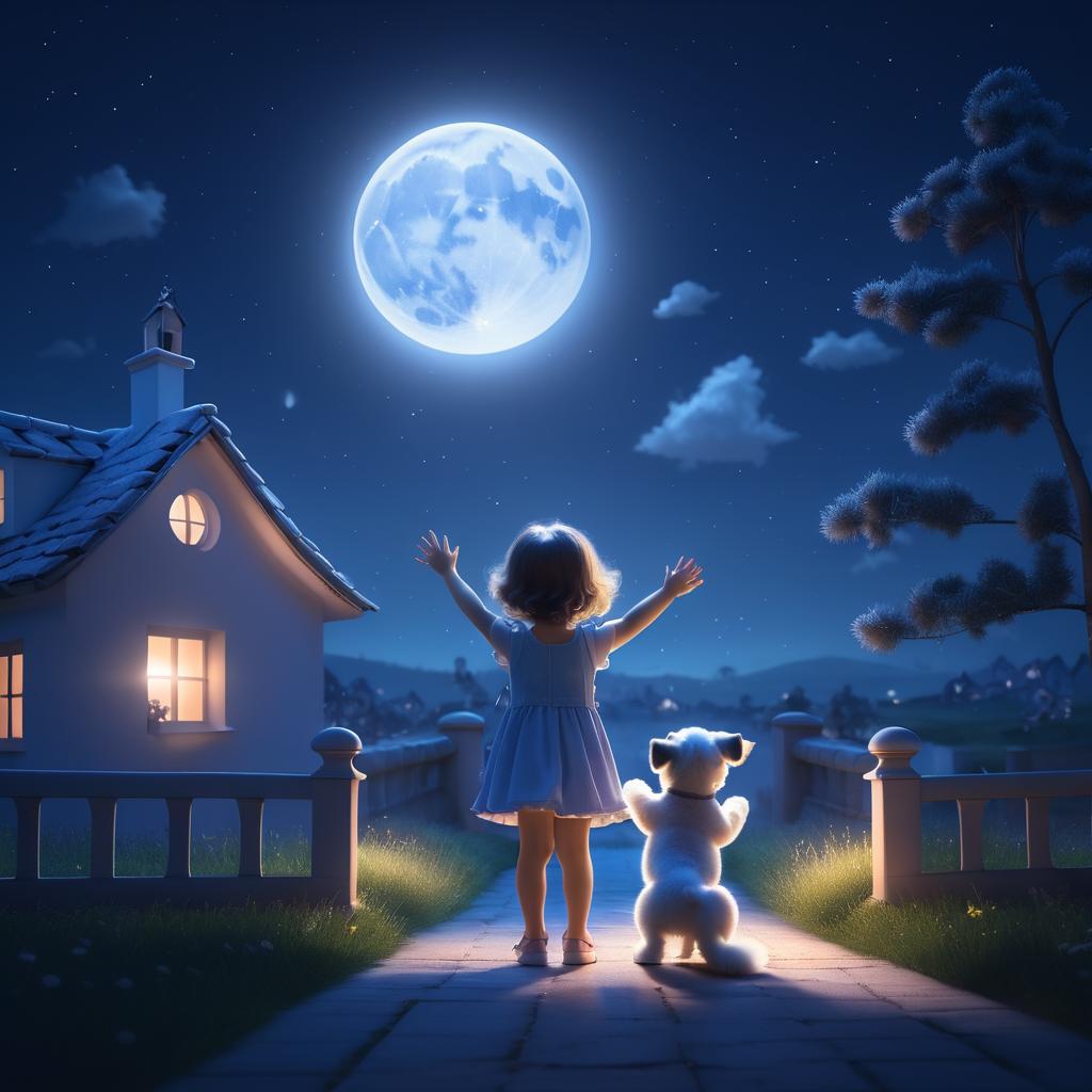 Dreamy Nighttime Scene of Girl and Puppy