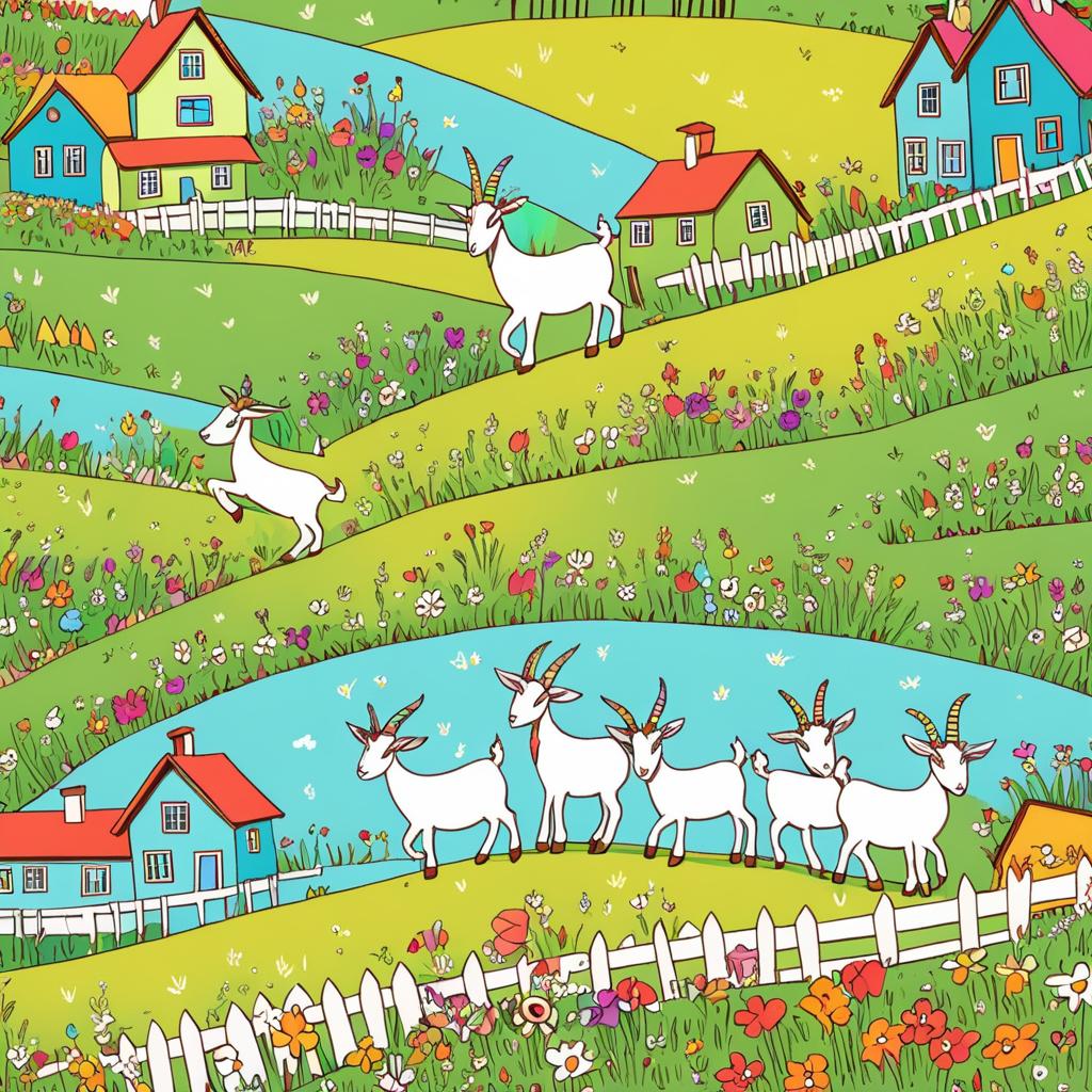 Whimsical Goats Climbing a Colorful Hill