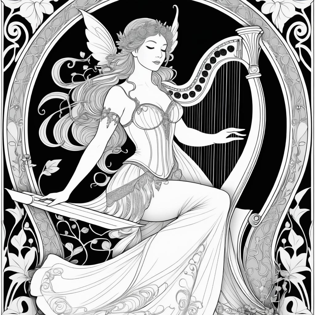 Art Nouveau Fairy Playing Harp Coloring Page