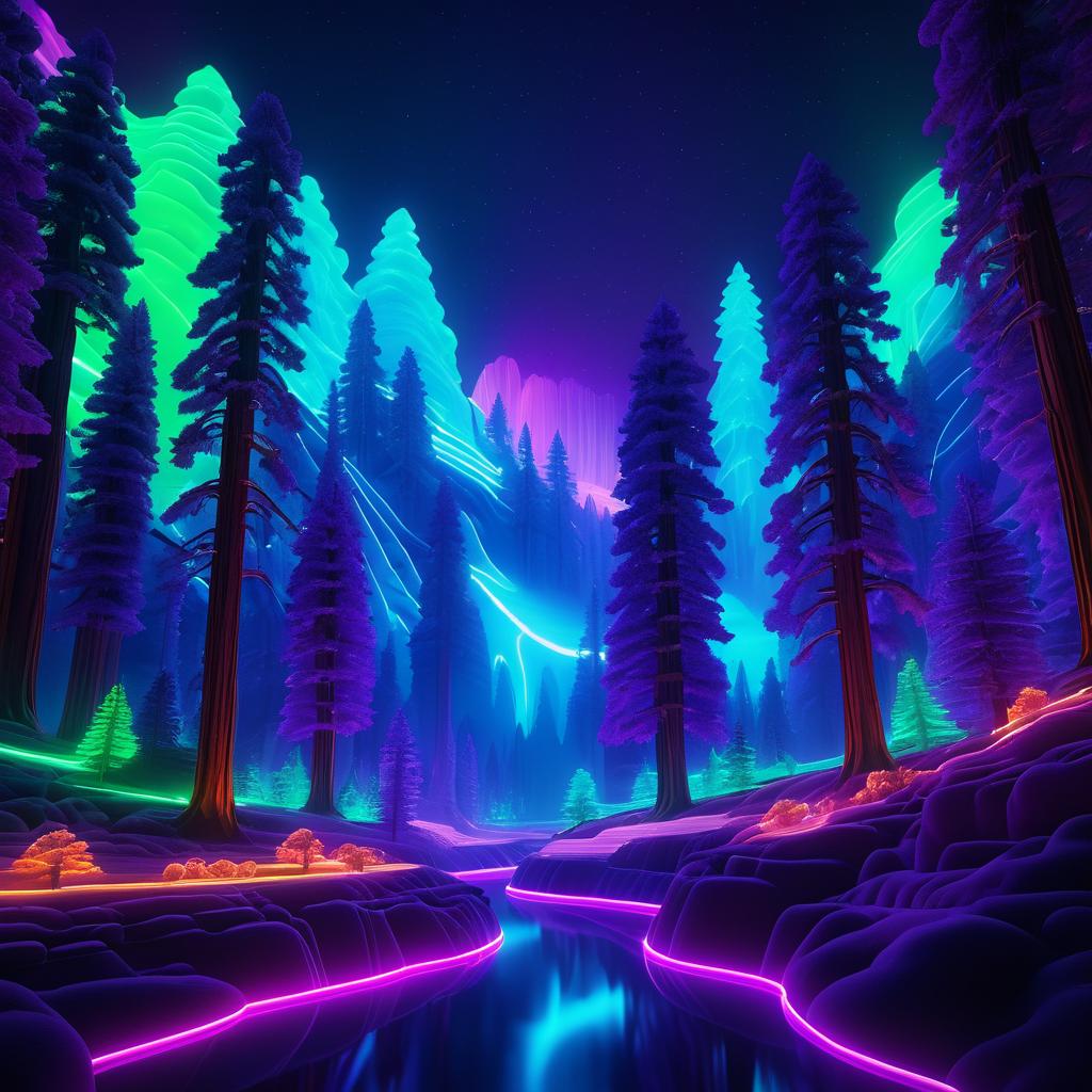 Neon Valley with Sequoia Trees at Night