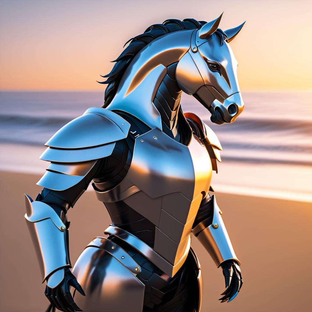 Anthro Horse in Futuristic Armor at Sunset