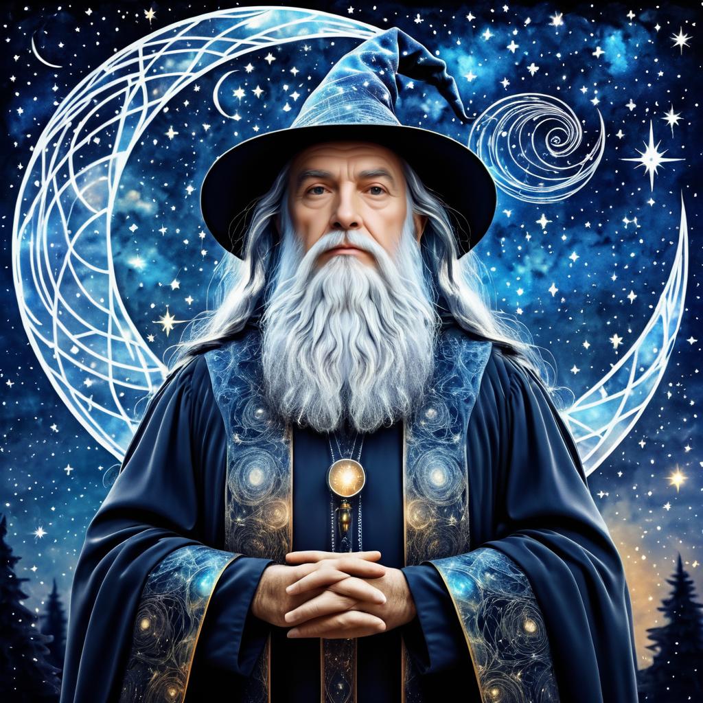 Wise Old Wizard Under Starry Sky