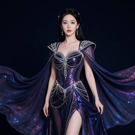 Photograph of an Asian woman with dark hair, wearing a starry, galaxy-themed, sheer, black gown with silver chain details, and a flowing