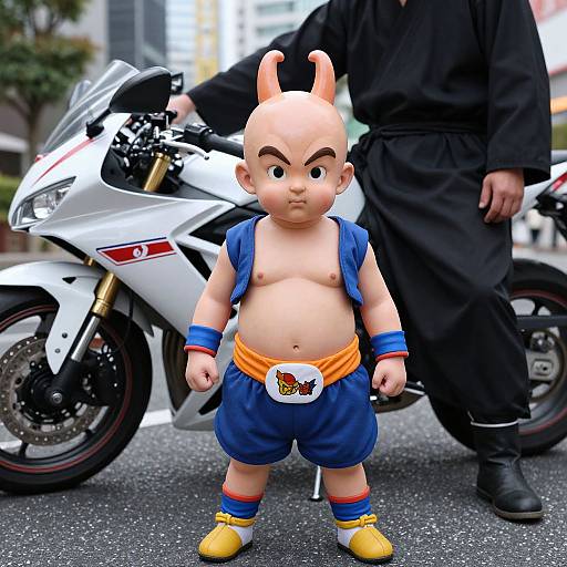 Photograph of a bald, baby-faced action figure with blue and orange martial arts attire, standing in front of a white motorcycle, with a person in