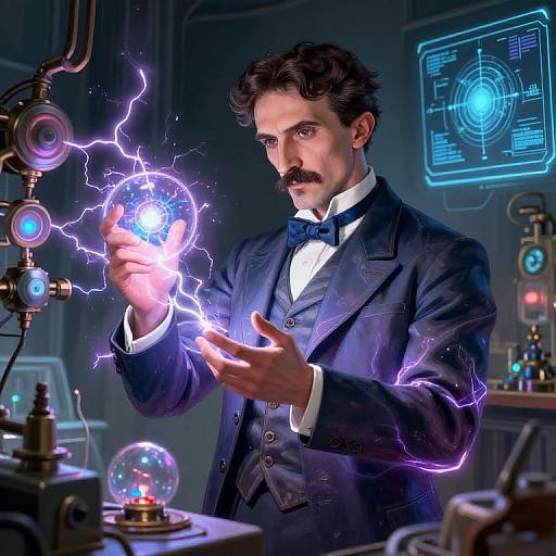 Digital illustration of a mustached man in a blue tuxedo conjuring purple lightning, surrounded by futuristic lab equipment and glowing blue screens.