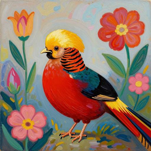 Vibrant painting of a red and yellow bird with black striped neck, surrounded by colorful flowers and green leaves against a blue sky.