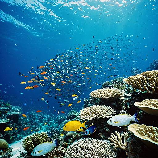 Underwater School of Colorful Fish Near Coral Reef