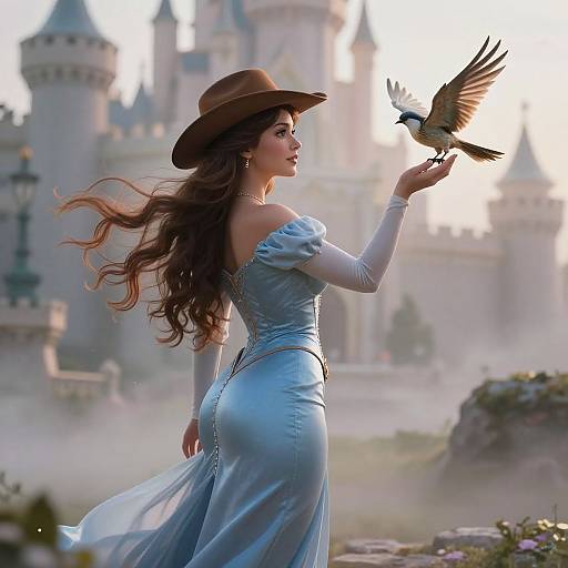 Photorealistic digital art: beautiful woman in blue off-shoulder dress and brown hat, with long brown hair, feeding a bird in front of