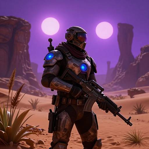 CGI image of a futuristic armored soldier with glowing blue shoulder lights, holding a rifle in a desert with two bright moons and rocky formations in the purple