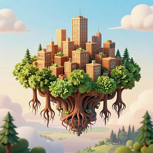 Digital illustration of a floating city made of brown brick buildings with lush green trees, roots hanging below, set against a blue sky with clouds and forested
