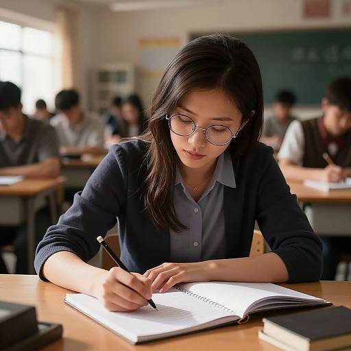 Photograph of an Asian woman with long black hair and glasses, wearing a blue cardigan over a white shirt, writing in an open notebook in a