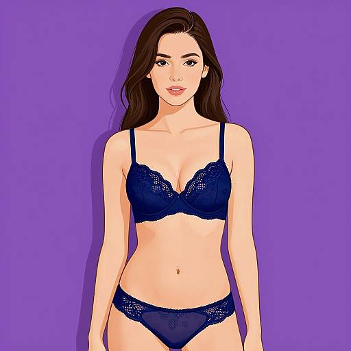 Digital illustration of a fair-skinned woman with long dark brown hair, wearing a matching navy blue lace bra and panties, against a solid purple background.