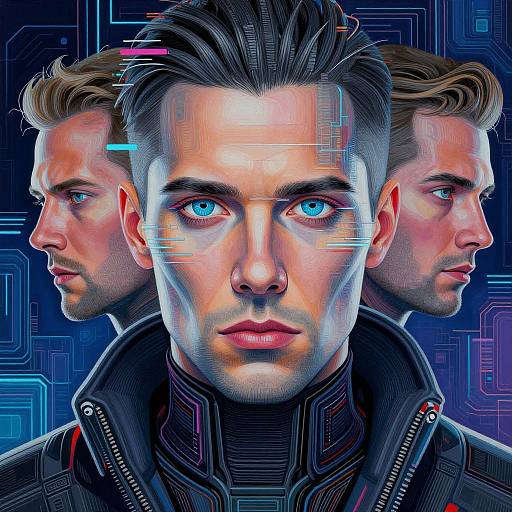 Digital artwork of three identical blue-eyed men with short, styled hair, wearing high-tech, black collared jackets, set against a neon blue circuit background
